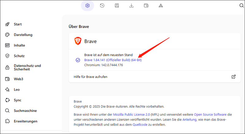 Auswahl von Mehr, Hilfe und Über Brave zur Browseraktualisierung.