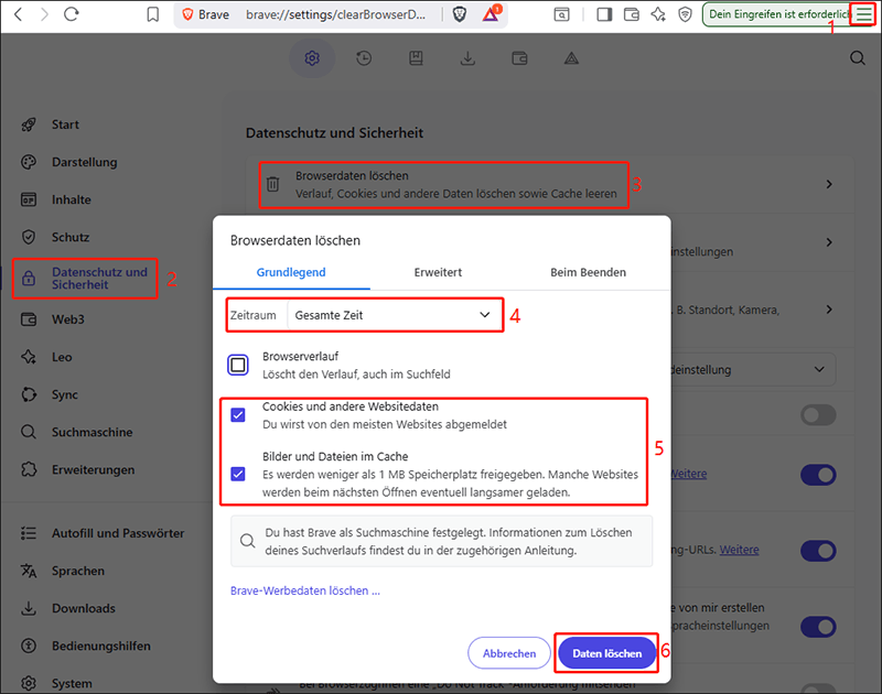 Auswahl von Mehr, Einstellungen, Datenschutz und Sicherheit sowie Browserdaten löschen zur Bereinigung von Cache und Cookies in Brave.