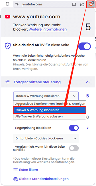 Klick auf das Schild-Symbol und Änderung des Blockierungsgrads für Tracker und Anzeigen für YouTube.