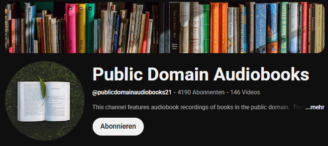 Die Startseite des Kanals Public Domain Audiobooks