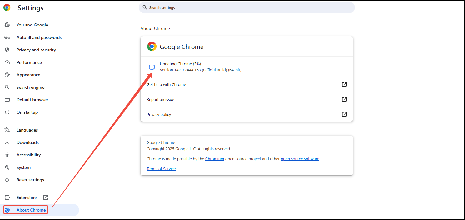 Go to Settings and click on About Chrome to update the Google Chrome browser