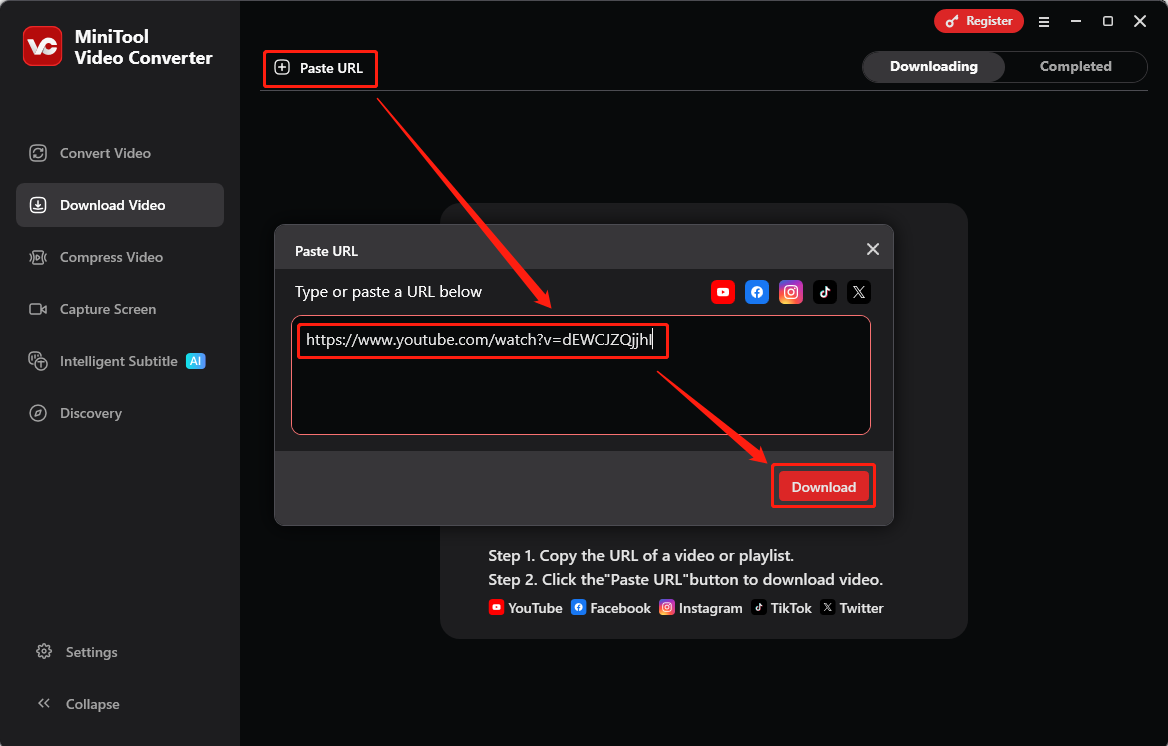 Fügen Sie den Link ins Feld und klicken Sie auf Herunterladen