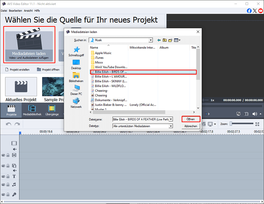 Klicken Sie auf Import Media Files, wählen Sie die heruntergeladene Musik und klicken Sie auf Open, um sie in AVS Video Editor zu importieren.