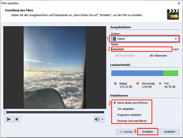 Passen Sie den Speicherort des bearbeiteten Videos an, benennen Sie die Videodatei um, wählen Sie abschließende Aktionen und klicken Sie auf Create, um das bearbeitete Video zu exportieren.