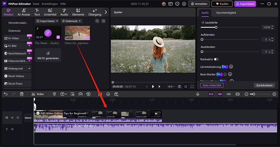 Das Ziehen aller importierten Dateien in die Zeitleiste und die Bearbeitung in HitPaw Edimakor.