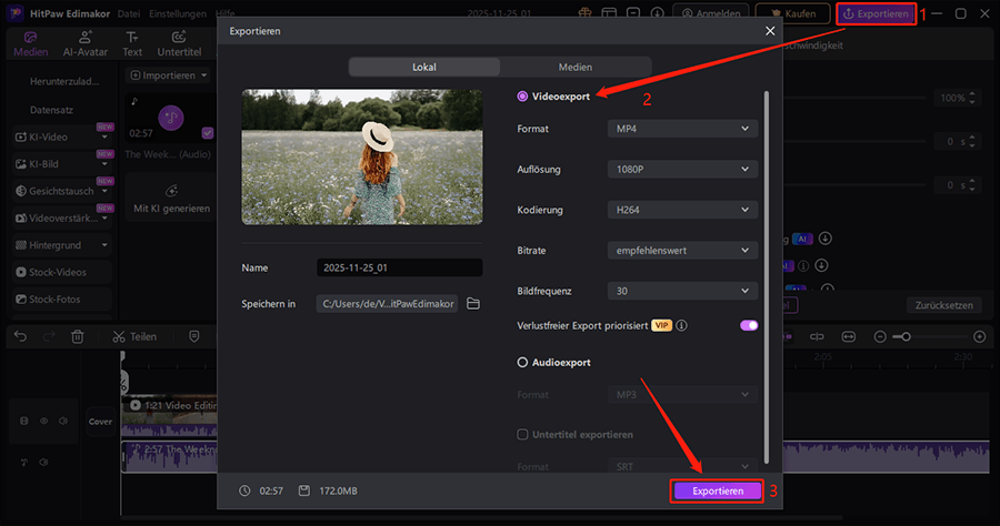Das Klicken auf Exportieren, die Festlegung der Ausgabe-Einstellungen und das Exportieren des Videos auf den Computer.