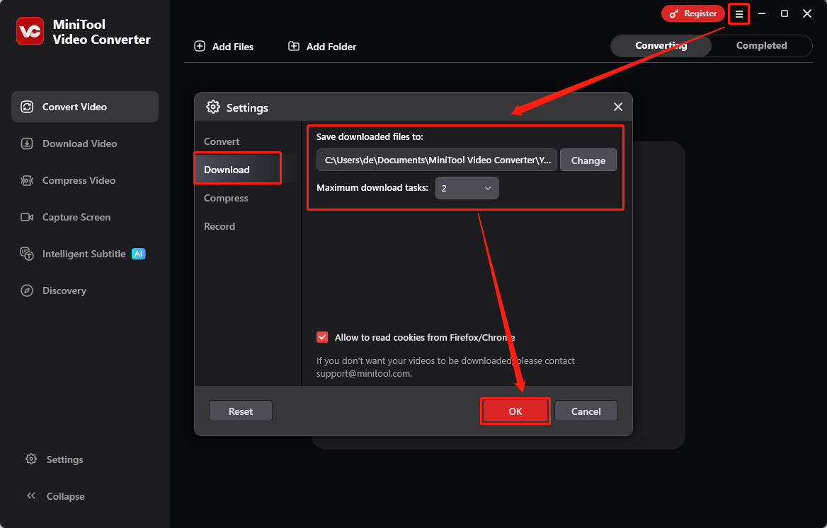 Klicken auf das Drei-Linien-Symbol und Wechsel zum Download-Reiter für die Einstellungen im MiniTool Video Converter.