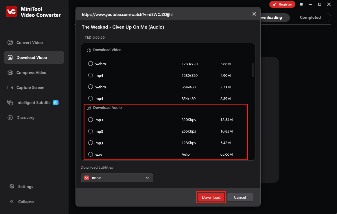 Auswahl des Ausgabeformats, Setzen eines Häkchens bei Untertitel herunterladen und Klicken auf Herunterladen im MiniTool Video Converter.