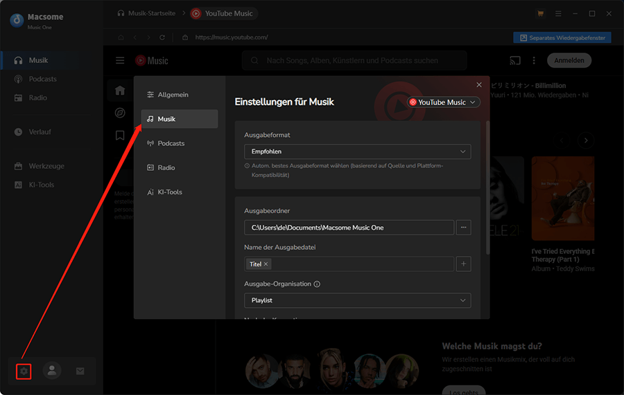 Oberfläche der Einstellungen im Macsome YouTube Music Downloader.
