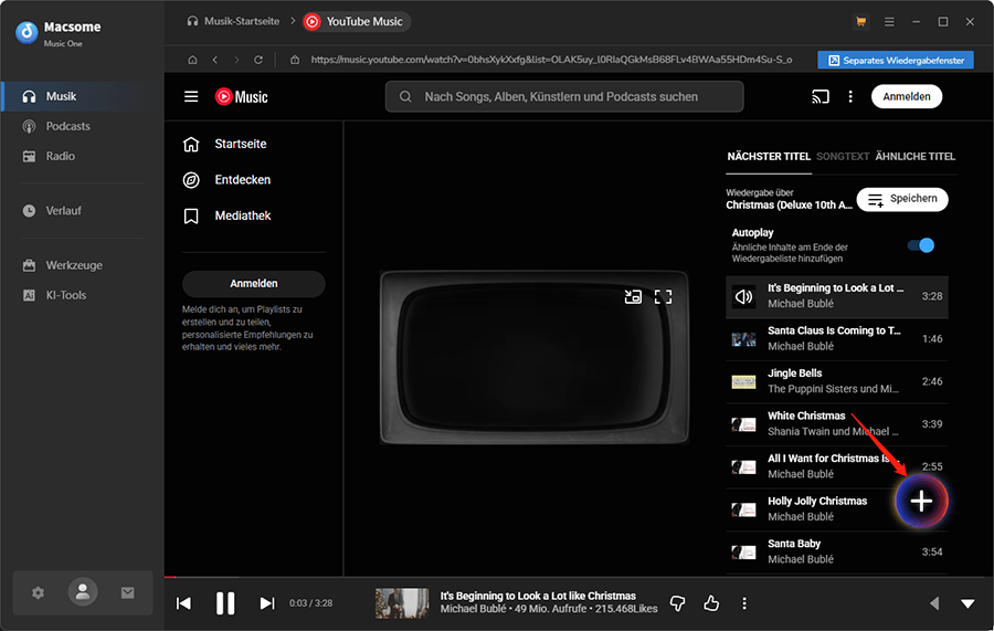 Ausgewählte Schaltfläche Klicken zum Hinzufügen unten rechts im YouTube Music Webplayer.