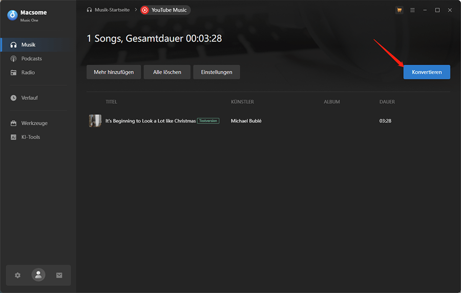 Ausgewählte Schaltfläche Konvertieren oben rechts im Macsome YouTube Music Downloader.