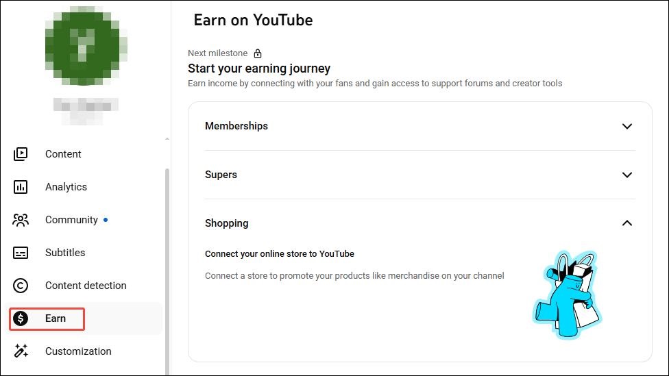 Click on Earn to proceed with the qualification review in YouTube Studio