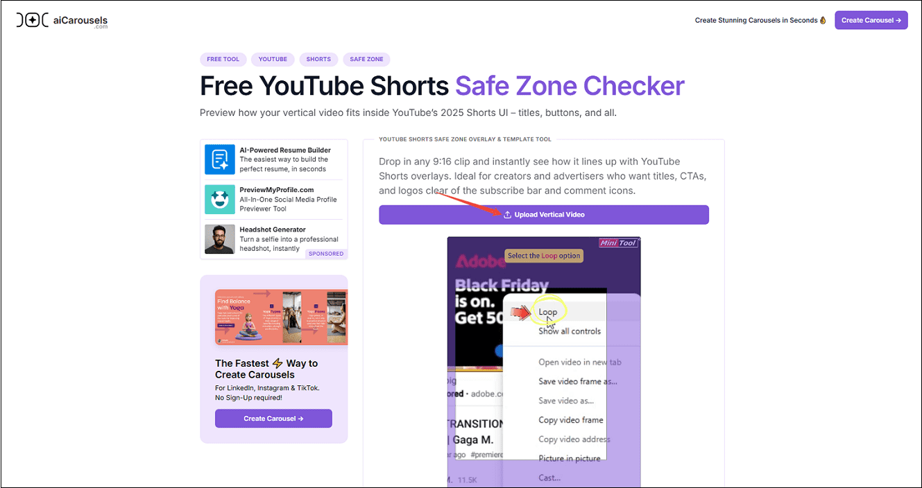 The aiCarousels.com interface that shows how to upload your short video