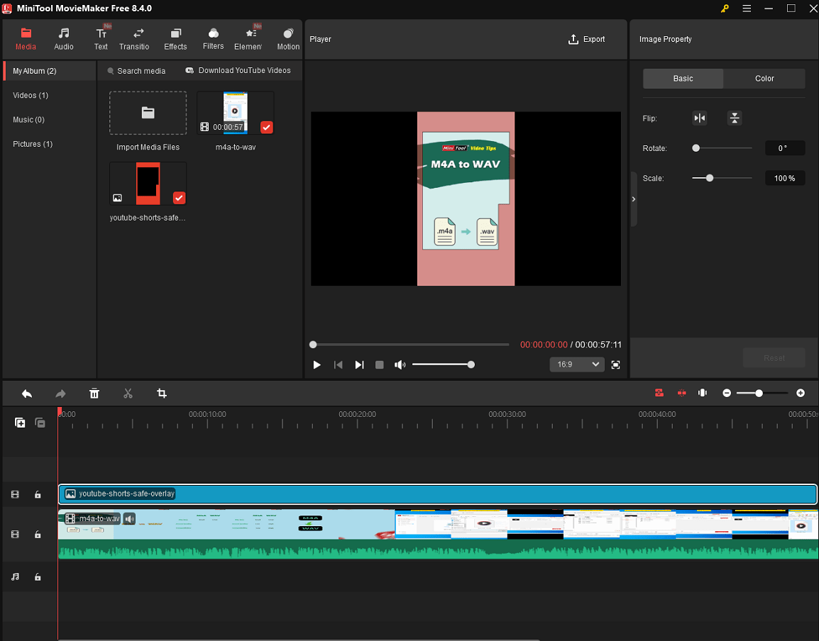 MiniTool MovieMaker interface that shows how to import the video and imageYouTube Shorts