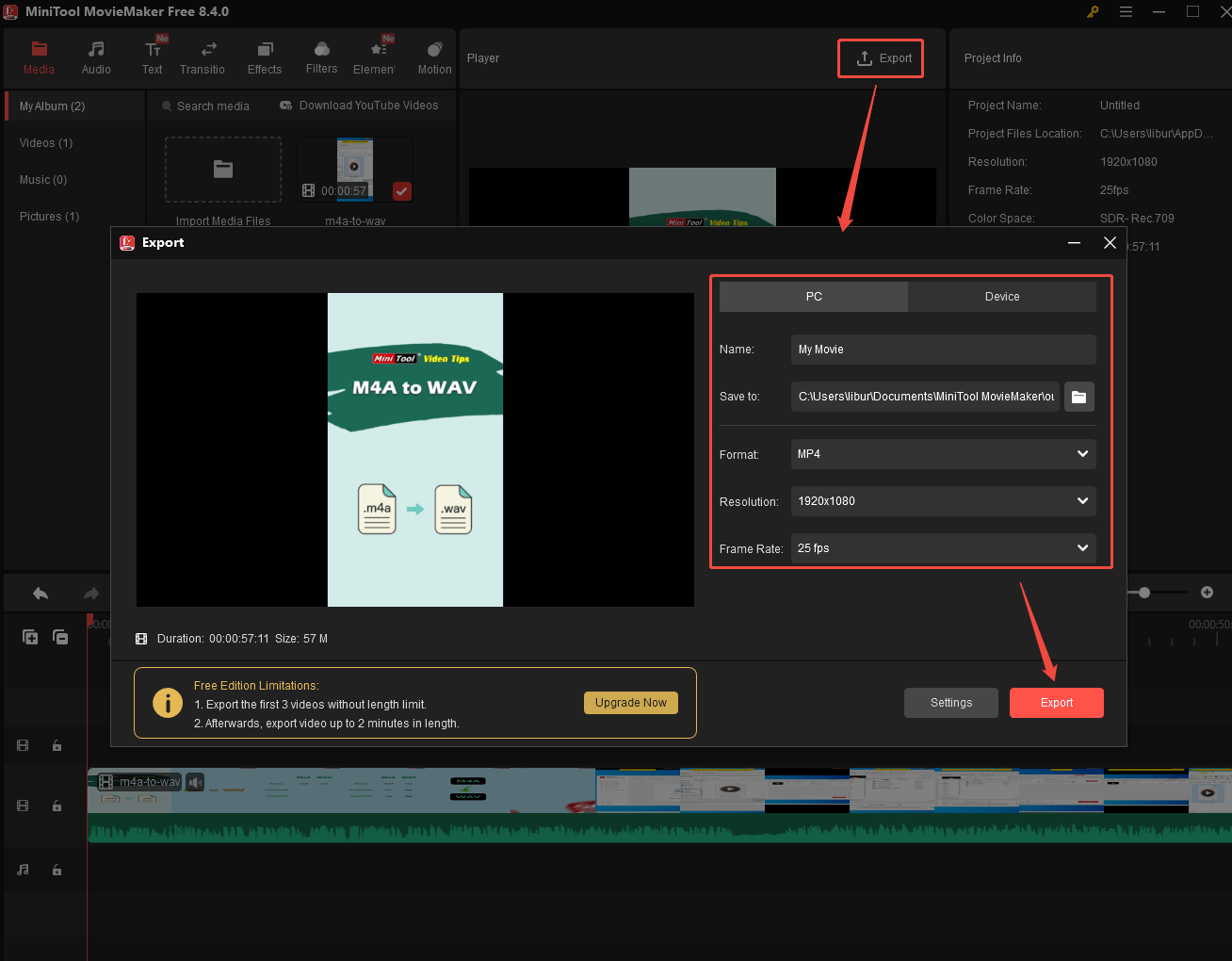 MiniTool MovieMaker interface that shows how to open the Export window and export the edited YouTube Shorts