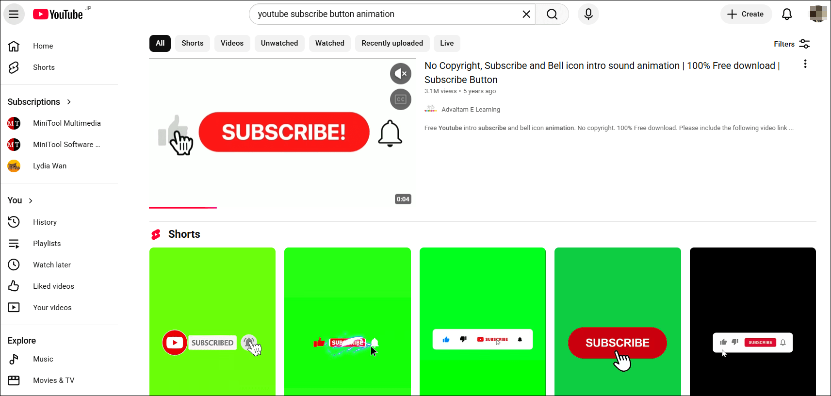 The YouTube interface with subscribe button animation.