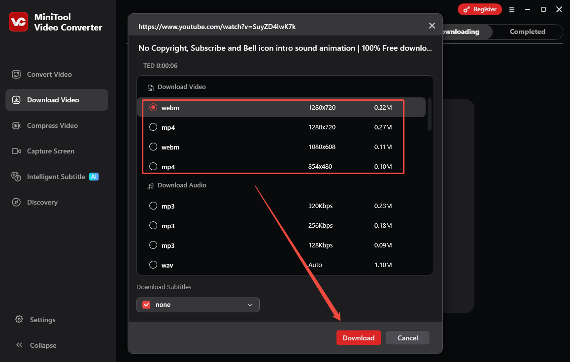 The MiniTool Video Converter interface that shows how to choose a video format and download the video.