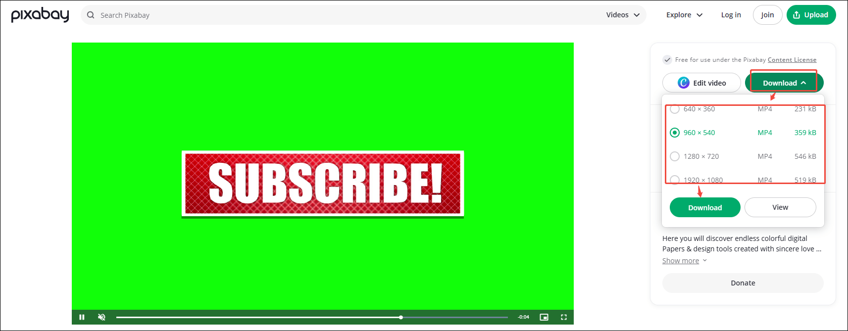 The Pixabay interface that shows how to download a YouTube subscribe button animation.