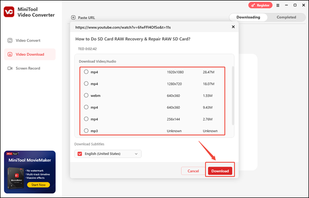 Choisissez un format de sortie et cliquez sur Télécharger pour télécharger la vidéo dans MiniTool Video Converter.