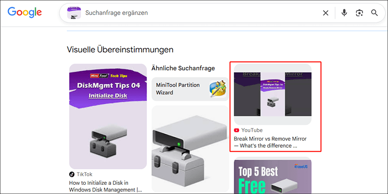 Google zeigt visuell ähnliche Thumbnails und Links an, die das YouTube-Video enthalten können.