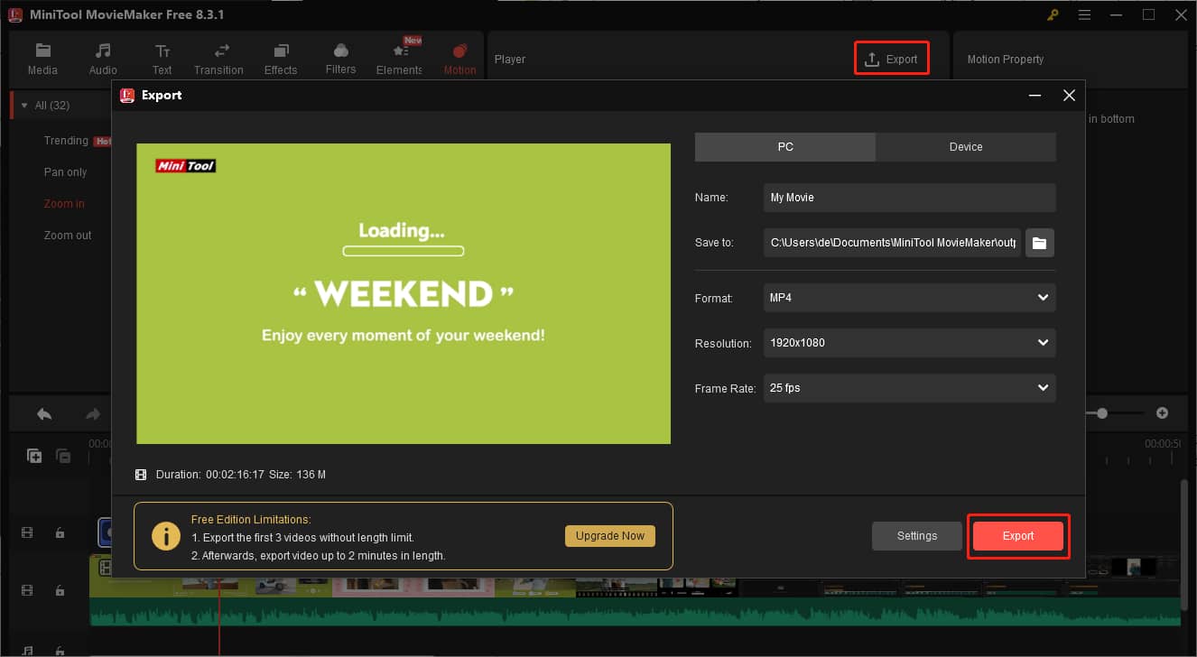 Das Exportfenster von MiniTool MovieMaker