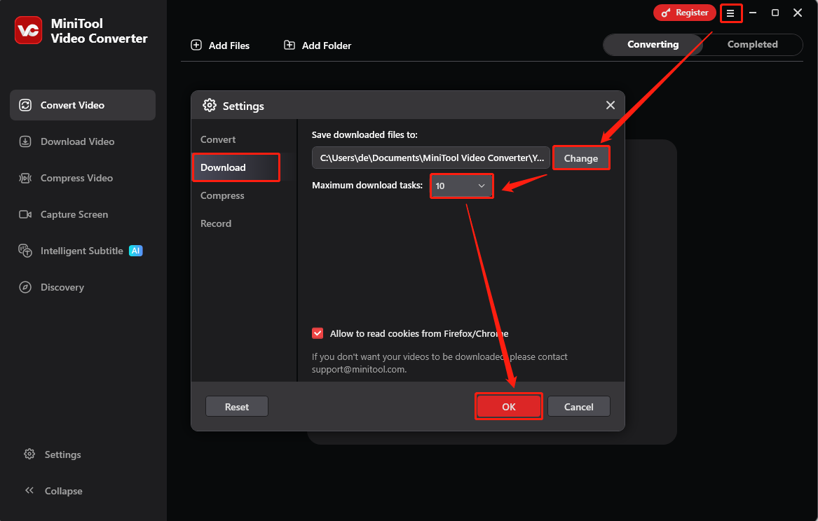 In MiniTool Video Converter klicken Sie auf das Hamburger-Symbol, wählen Einstellungen → Download → Ändern, legen den Speicherort und die maximale Download-Anzahl fest und klicken auf OK.