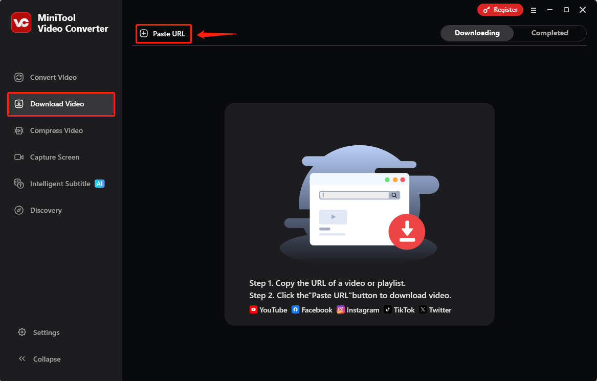 Wählen Sie die Registerkarte Video-Download und klicken Sie auf URL einfügen in MiniTool Video Converter.