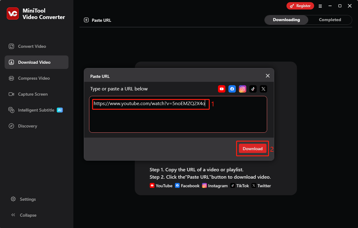 Fügen Sie die Video-URL in das Adressfeld ein und klicken Sie auf die Schaltfläche Download in MiniTool Video Converter.