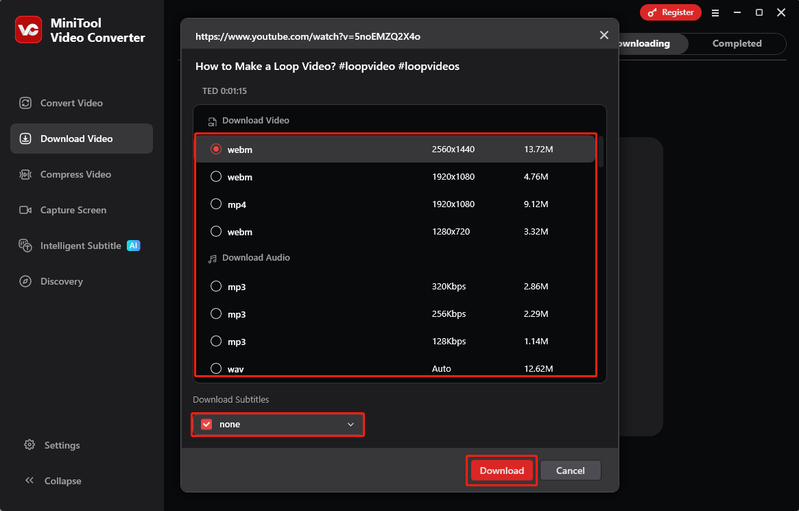 Wählen Sie das Ausgabeformat, legen Sie fest, ob Sie Videountertitel herunterladen möchten, und klicken Sie auf Download in MiniTool Video Converter.
