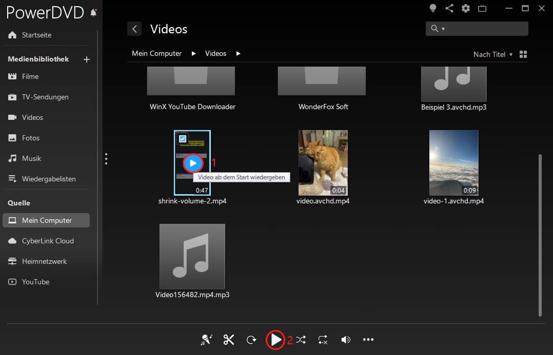 Klicken Sie auf die Wiedergabetaste, um das Video offline in PowerDVD abzuspielen.