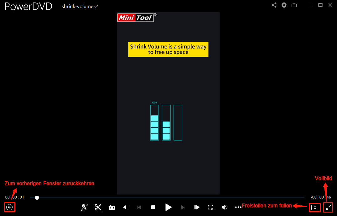 Klicken Sie auf Freistellen zum Füllen, um das Video anzupassen, auf Vollbild, um es groß anzuzeigen, und auf Zurück, um zum vorherigen Fenster zu gelangen.