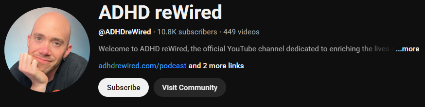 The ADHD YouTube channel homepage of ADHD reWired.