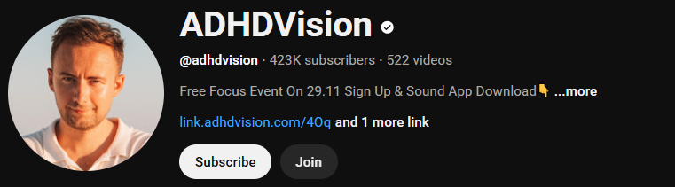 The ADHD YouTube channel homepage of ADHDVision.