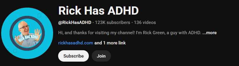 The ADHD YouTube channel homepage of Rick Has ADHD.
