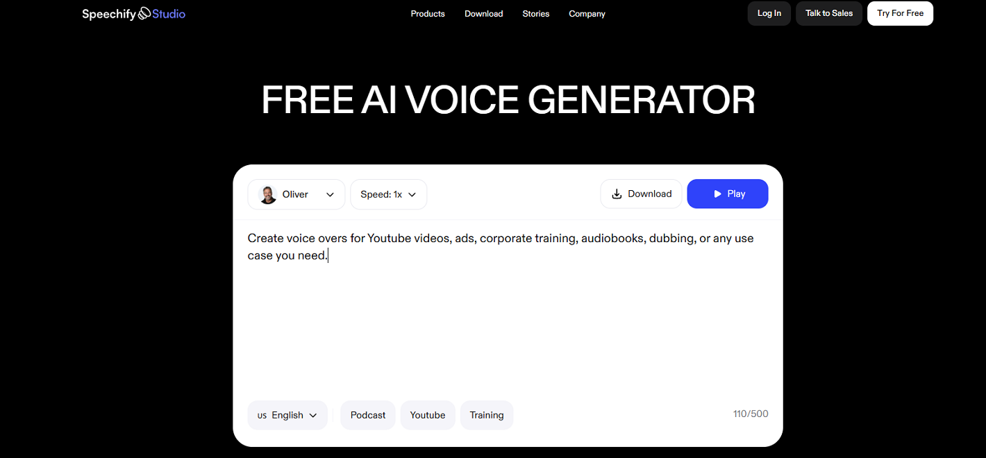 The main interface of Speechify Studio’s AI Voice Generator.