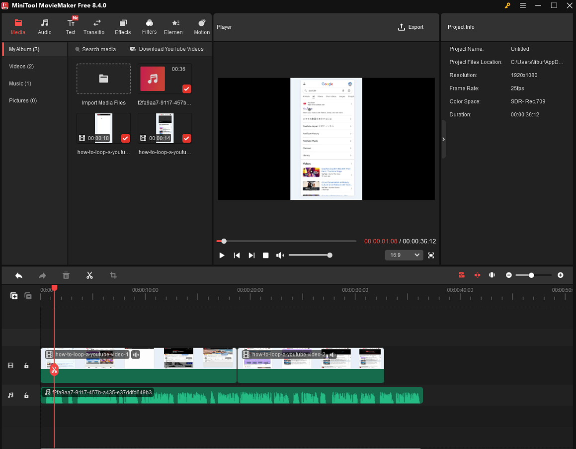 The MiniTool MovieMaker’s interface shows how to add voice and video to the timeline.