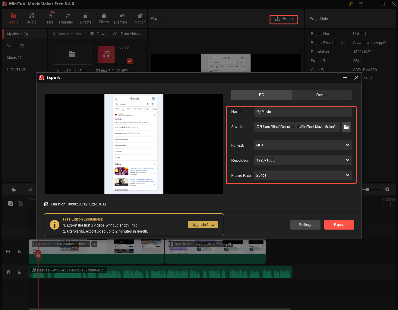 The MinTool MovieMaker’s interface that shows you how to open the Export button and MiniTool MovieMaker Export window with multiple options selected.