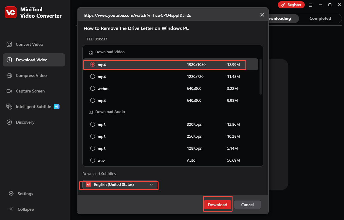 Choose an output format and resolution, decide whether to download subtitles, and click on Download to download the video in MiniTool Video Converter