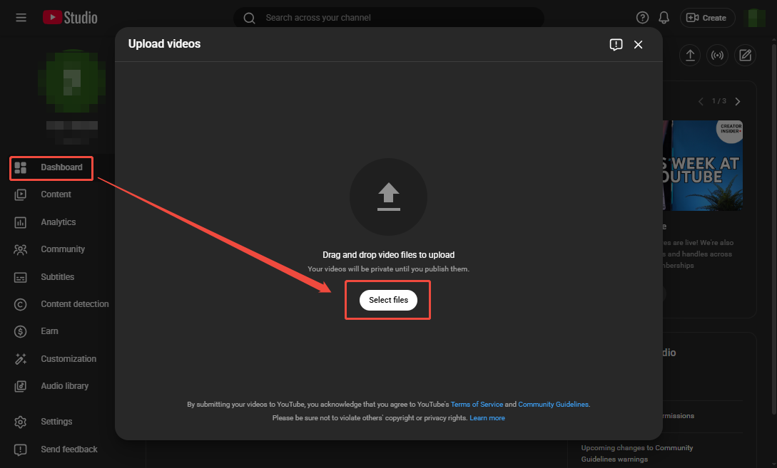 The YouTube Studio interface shows how to import the video you want to upload to YouTube.