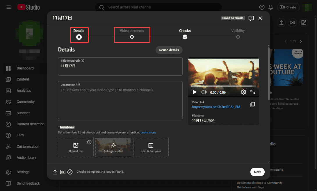 The YouTube Studio interface with Details and Video elements options selected.