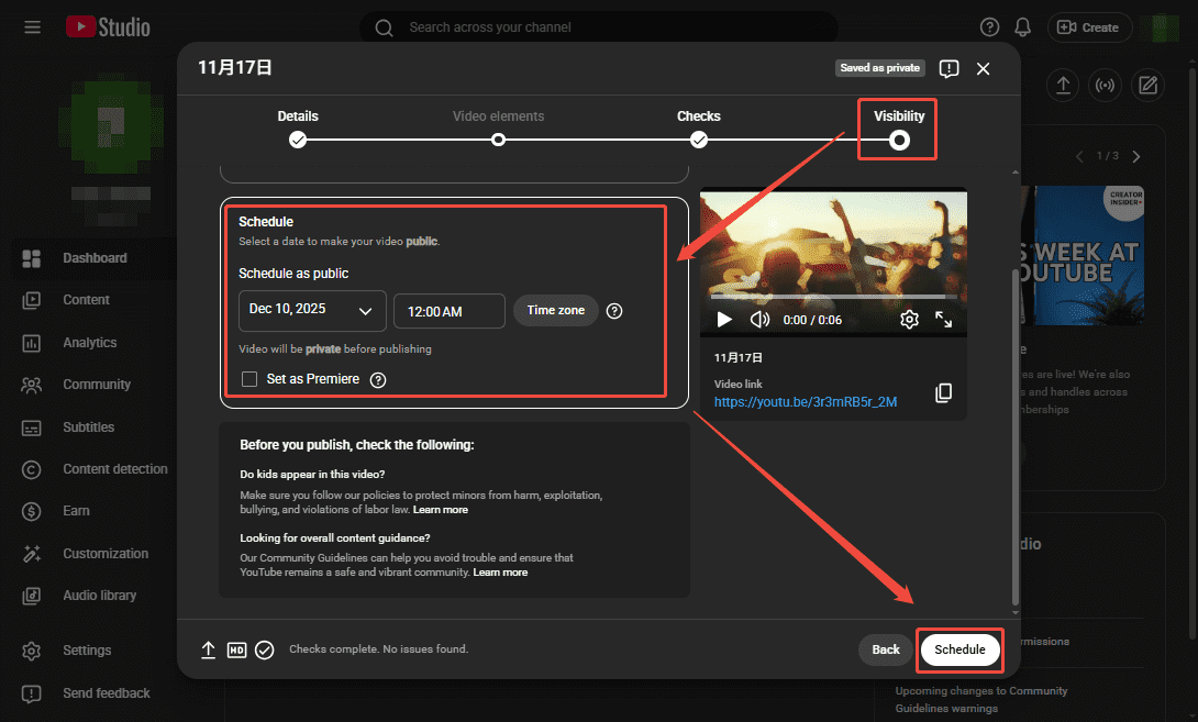 The YouTube Studio interface shows how to schedule a YouTube video upload.