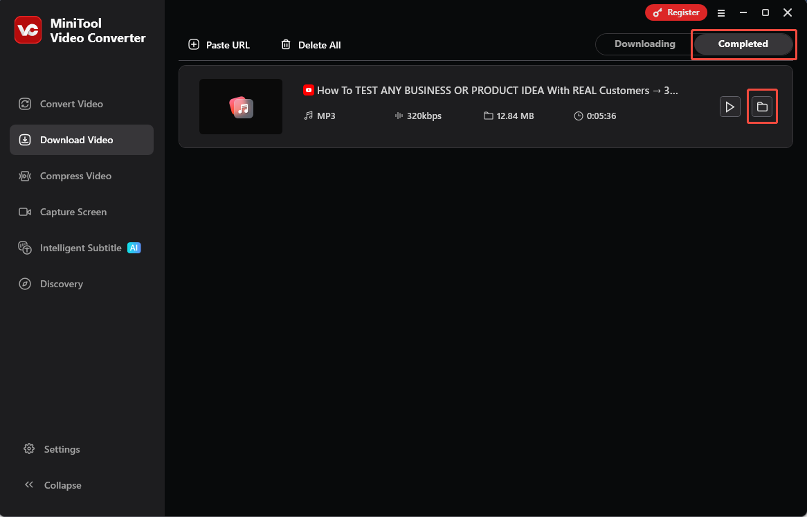 The MiniTool Video Converter interface with the folder icon under the Completed tab of the Download Video section selected.