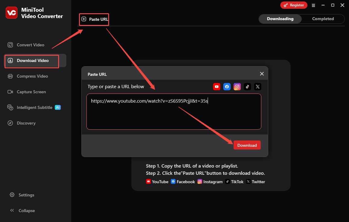 Die Oberfläche von MiniTool Video Converter zeigt die Analyse des kopierten YouTube-Videos.