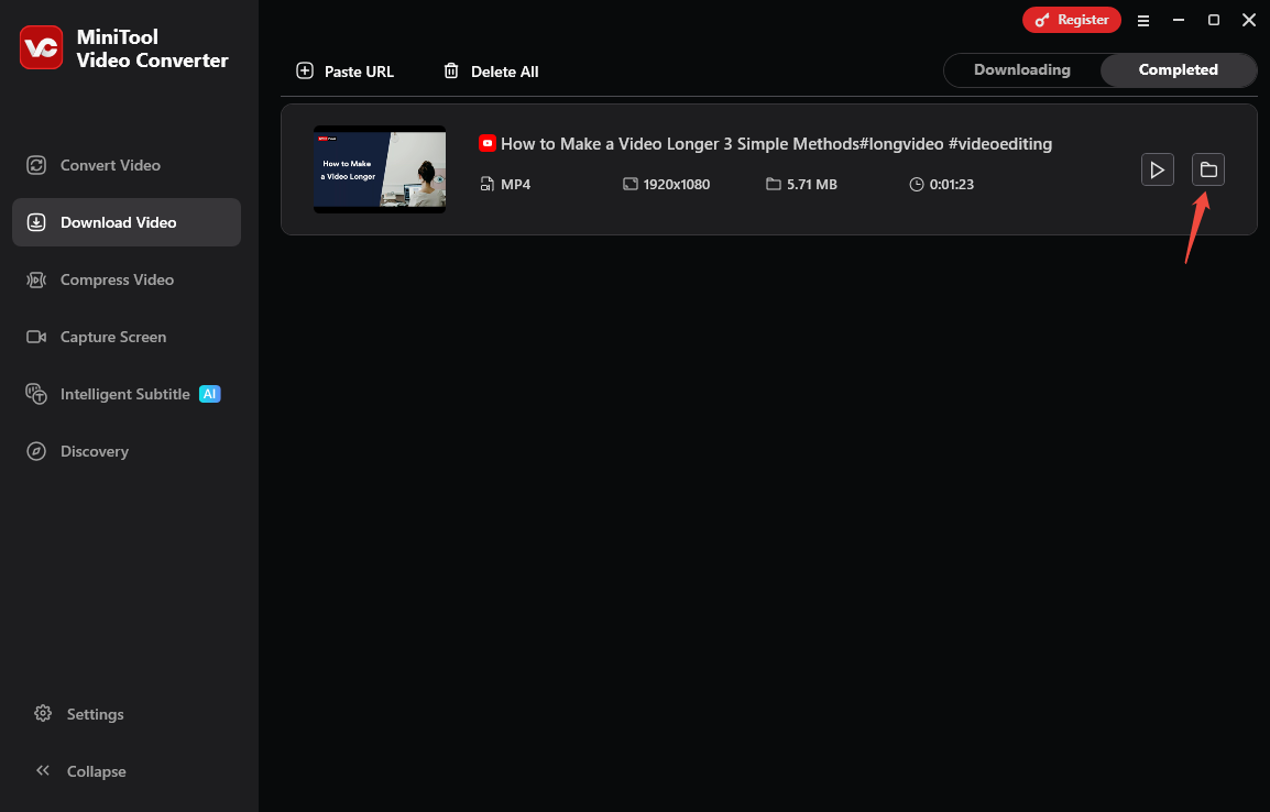 Die Oberfläche von MiniTool Video Converter mit ausgewähltem Ordnersymbol.
