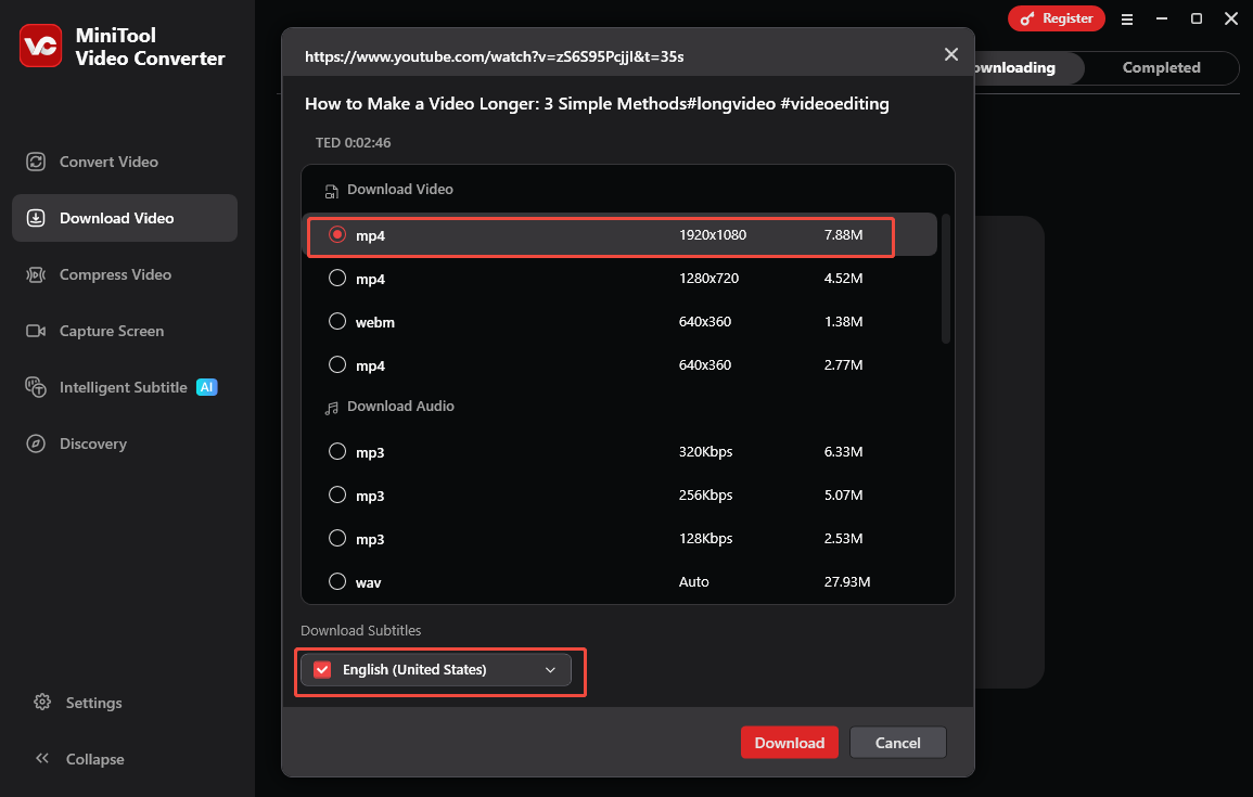 The MiniTool Video Converter interface with a video format and a subtitle language selected.