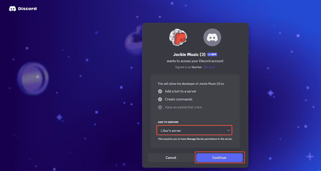 The Jockie Music interface with a Discord server and Continue button selected.