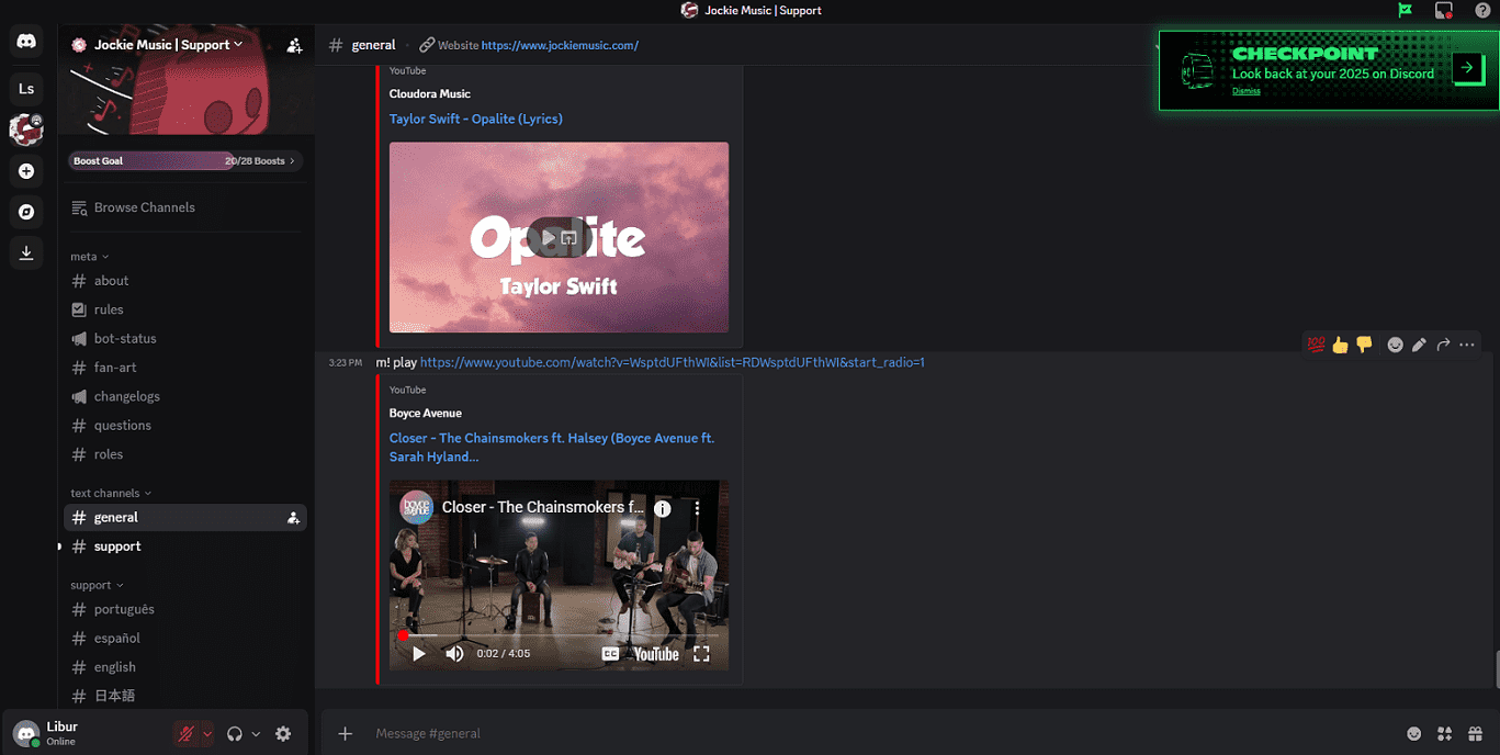 The YouTube music playing on the Discord interface.