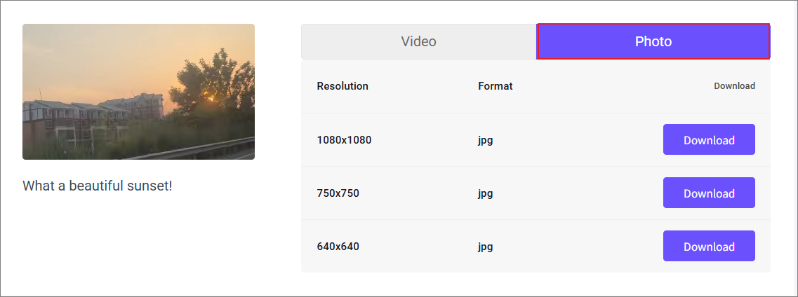 viddownのダウンロードページで「Photo」タブに切り替えた後の画面
