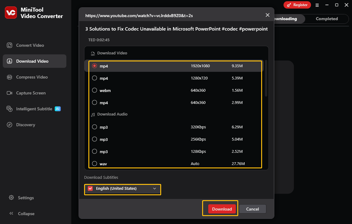 Choose a video format and resolution, decide whether to download subtitles, and click on Download to start downloading the YouTube video in MiniTool Video Converter