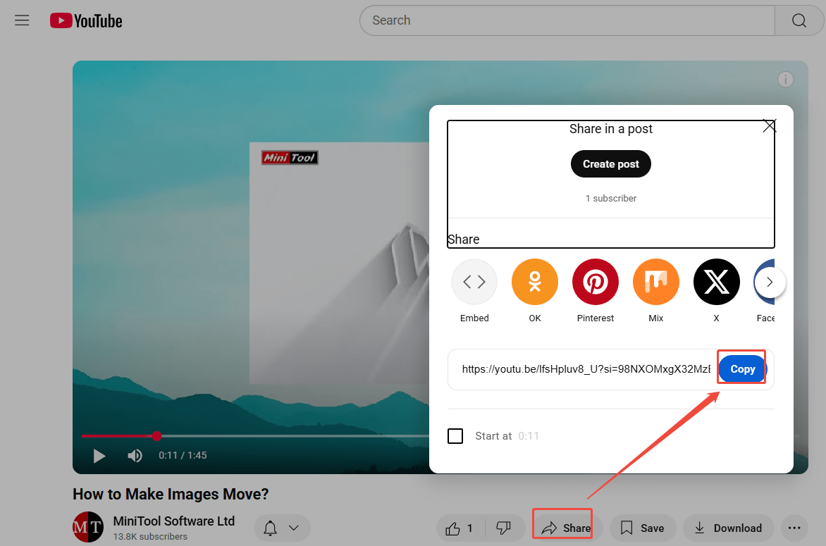 Cliquez sur Partager > Copier pour obtenir le lien sur YouTube